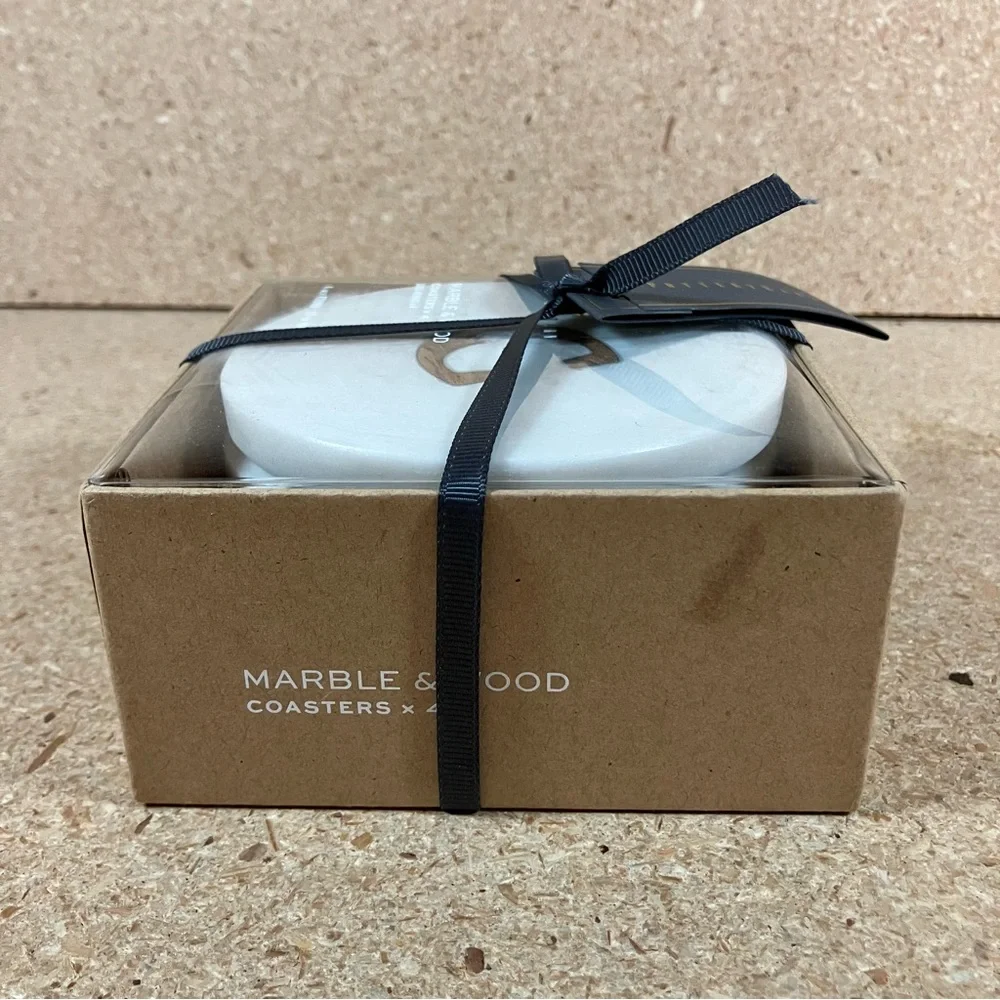 Pottery Barn Marble & Wood Coasters Set Of 4 With “C” Monogram NEW